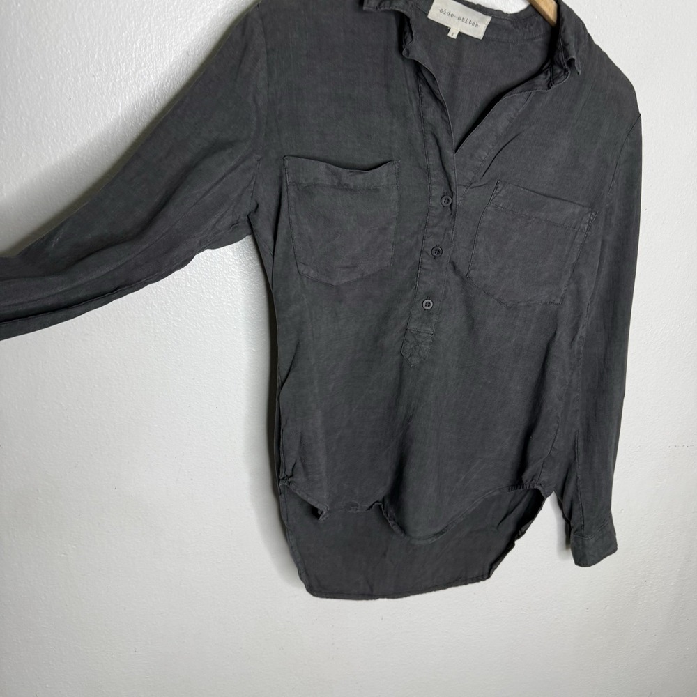 Side Stitch Gray Long Roll Tab Sleeve Tencel Popover Minimalist Womens Small - Picture 4 of 12